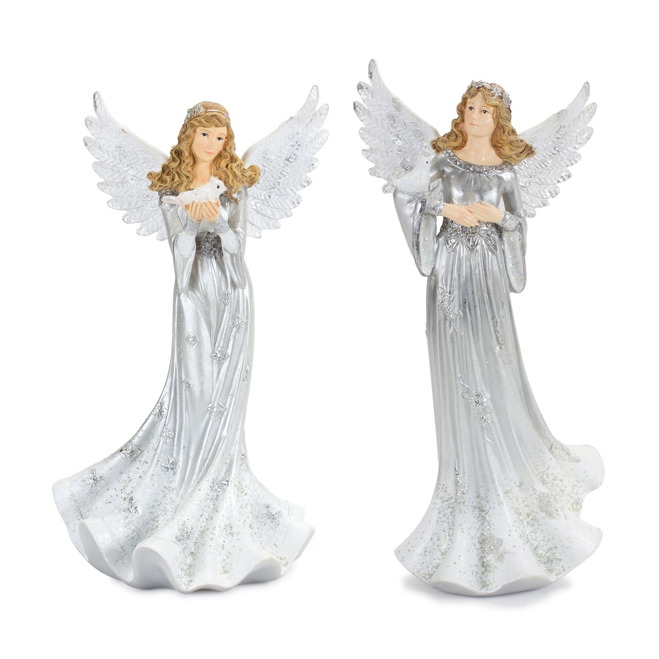 Melrose Set of 2 Silver and White Christmas Tabletop Angel Figurines 12.75"